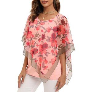 SeSe Code Women's Elegant Mesh Blouses Flowy Poncho Tops Dressy Casual Shirts
